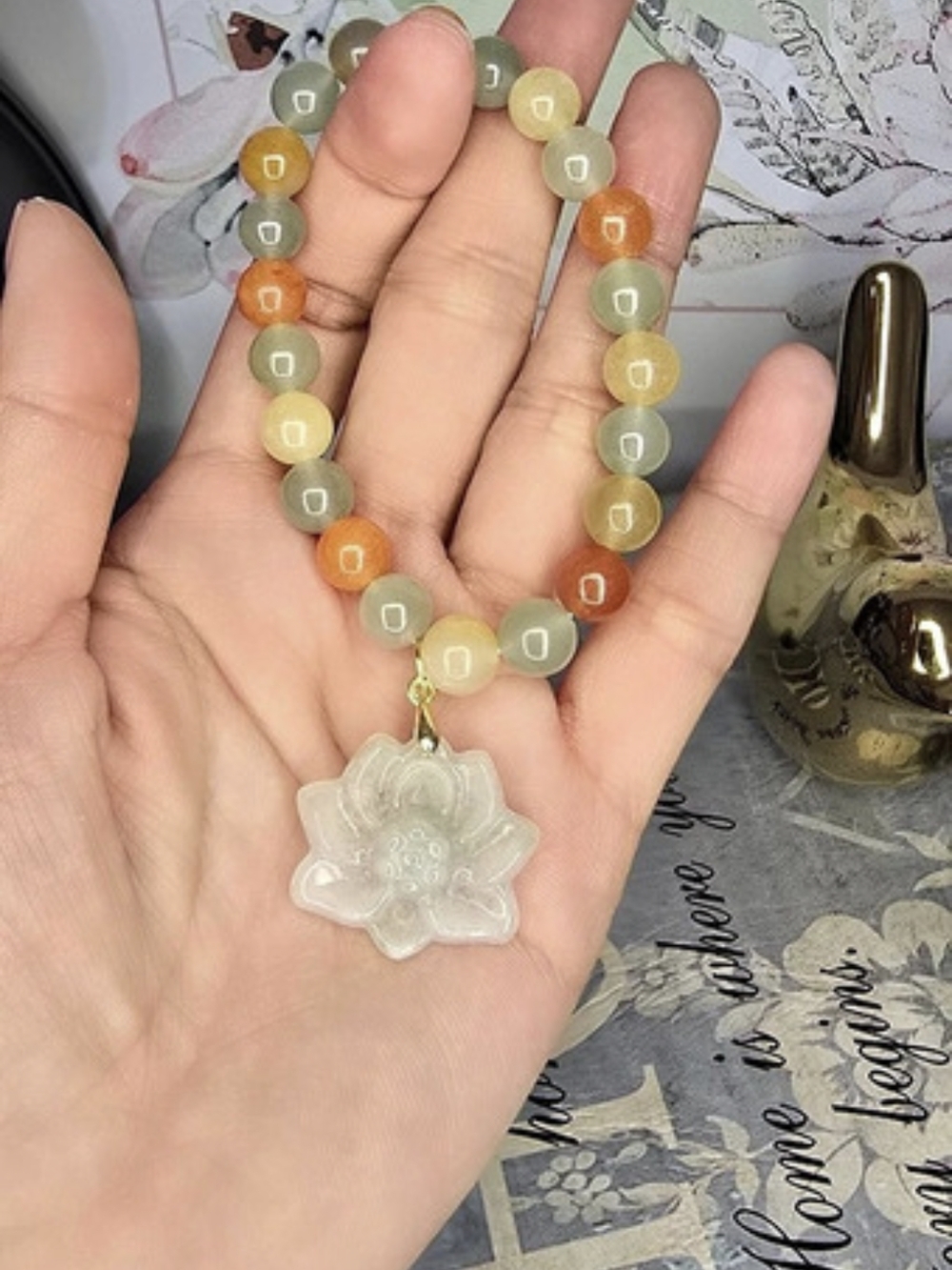 Natural Jade Multi Colored Beaded Bracelet Witj Detachable Flower Charm/pendant
